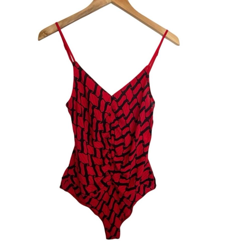 NWT Zara Red & Black Ruched Bodysuit Spaghetti Strap Abstract Print Size M